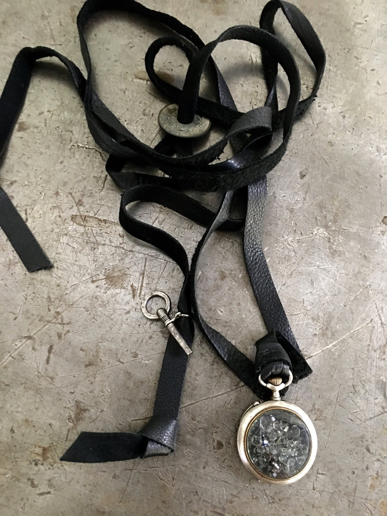 Vintage Silver Engraved Ladies Pocket Watch with Grey Swarovski Crystals on Leather Strap & Key