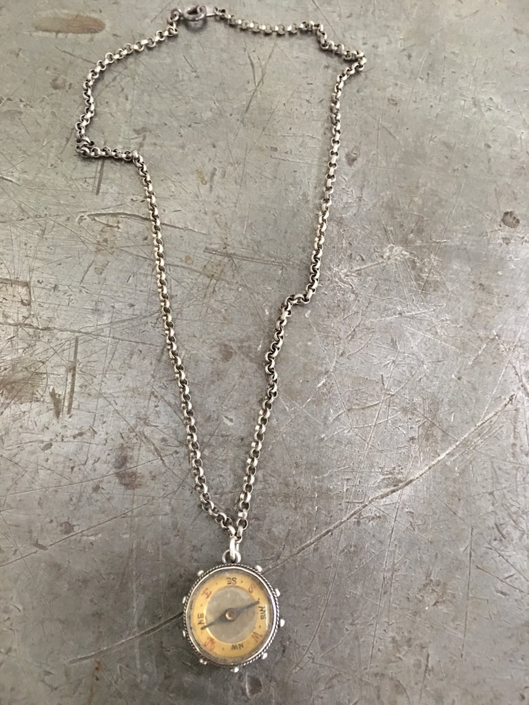 Vintage Sterling 2 Sided Compass & Picture Fob Necklace