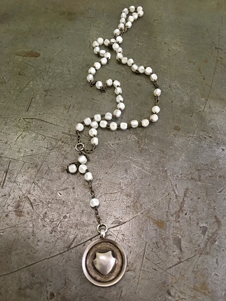 Vintage White RosaryBeads & Sterling Medal Fob Necklace