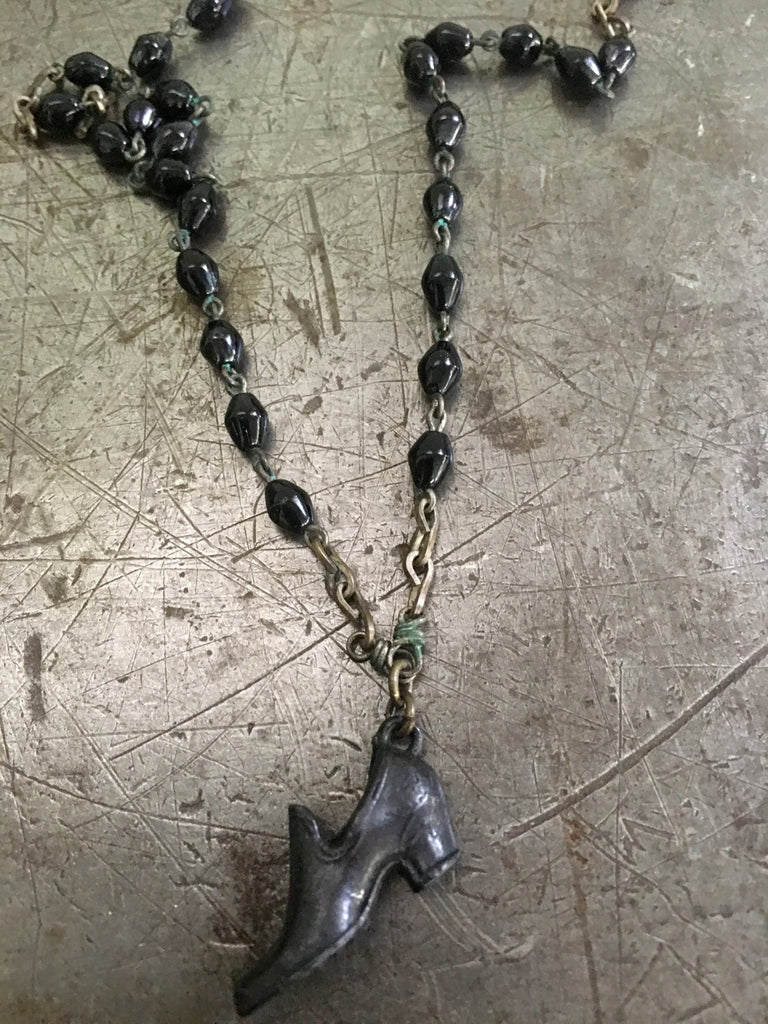 Vintage Black Rosary & Black Shoe Fob Necklace