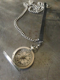 Vintage silver WW2 military compass on silver chain & vintage leather pocketwatch strap & dog clip necklace