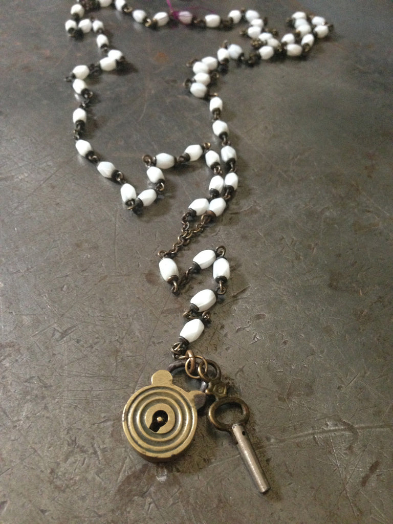 Vintage white rosary beads with vintage brass lock & key necklace