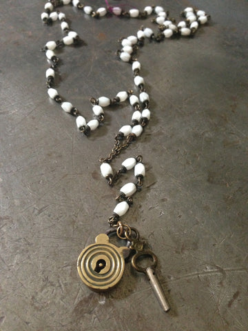 Vintage White Rosary with Lock & Key Necklace