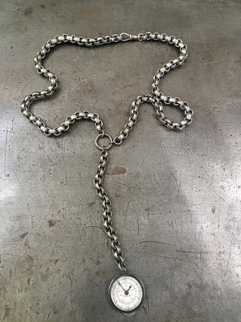 Vintage Silver Map Measurer Fob on Vintage Heavy Link Silver Metal Chain
