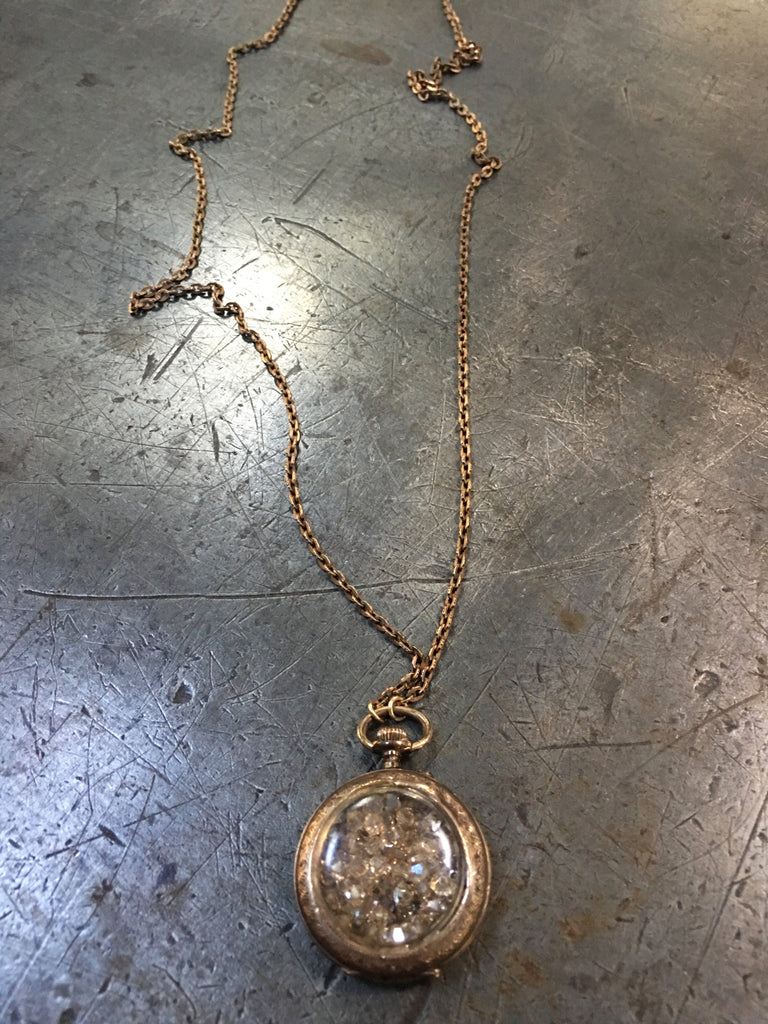 Vintage Gold Ladies Pocket Watch with Amber Crystals on Gold Muff Chain Necklace