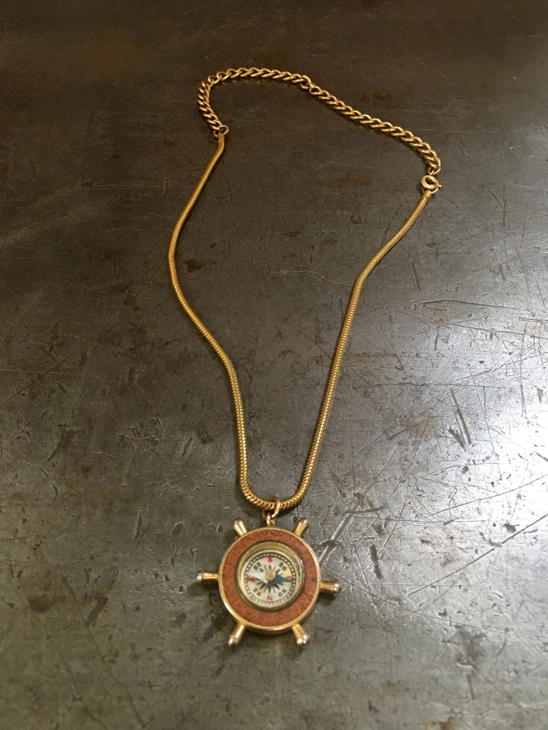 Vintage Nautical Mini Compass Fob on Vintage Gold Snake Chain Necklace