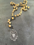 Vintage large Victorian double sided sterling fob on long vintage bone Rosary bead necklace
