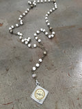 Vintage mini silver metal compass fob on vintage white  & diver bead military Rosary  necklace