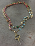 Vintage Key & Multi Color Rosary Bead Necklace