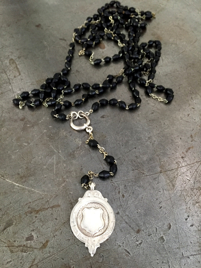 Vintage Gutta Percha Long Rosary Bead & Sterling Fob Necklace