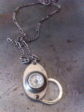 Vintage compass & magnify glass fob on vintage silver chain necklace.