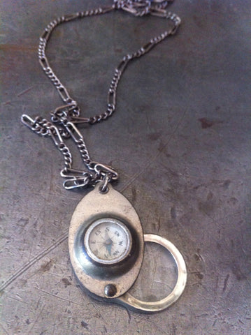 Vintage Silver Metal Compass/Magnify Glass Necklace