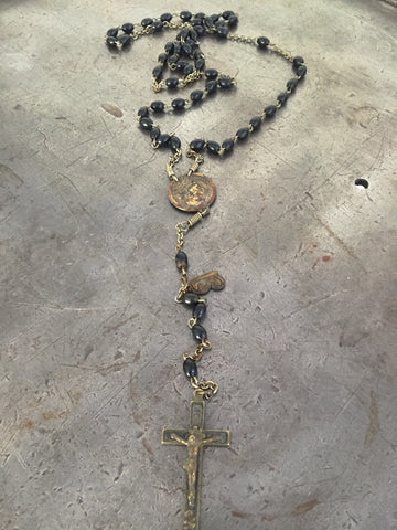 Vintage Rosary Belt Necklace with Medals & Skull Crucifix