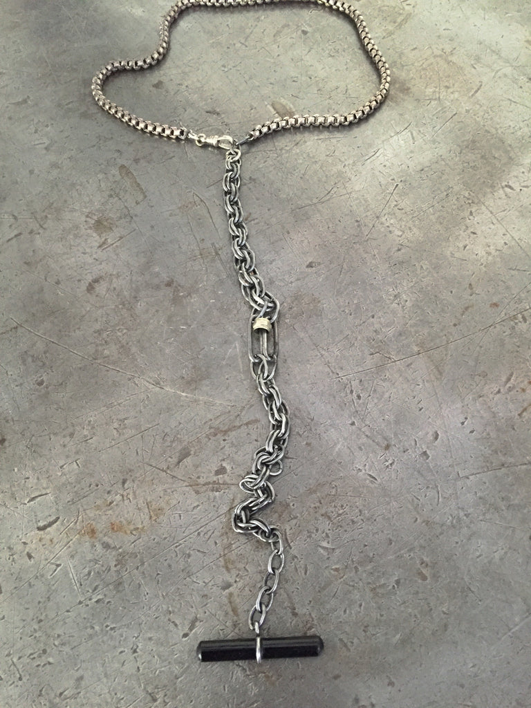 Vintage Silver Chains with Onyx T-Bar Fob Necklace