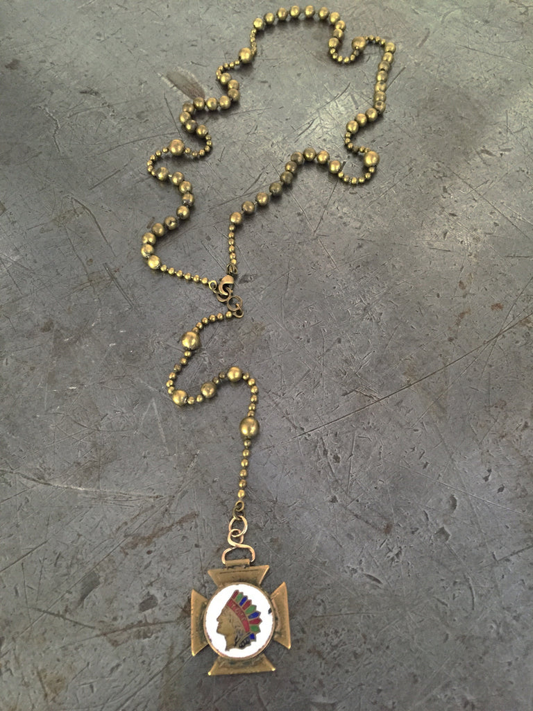 Vintage Brass Military Rosary Beads & Indian Head Fob Necklace