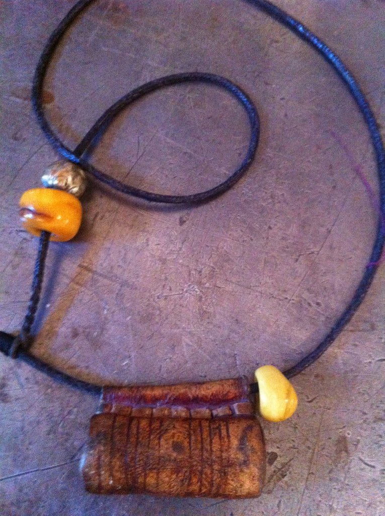 Vintage Coptic prayer pouch on braided leather with 2 resin yellow beads & Ethiopian silver bead necklace