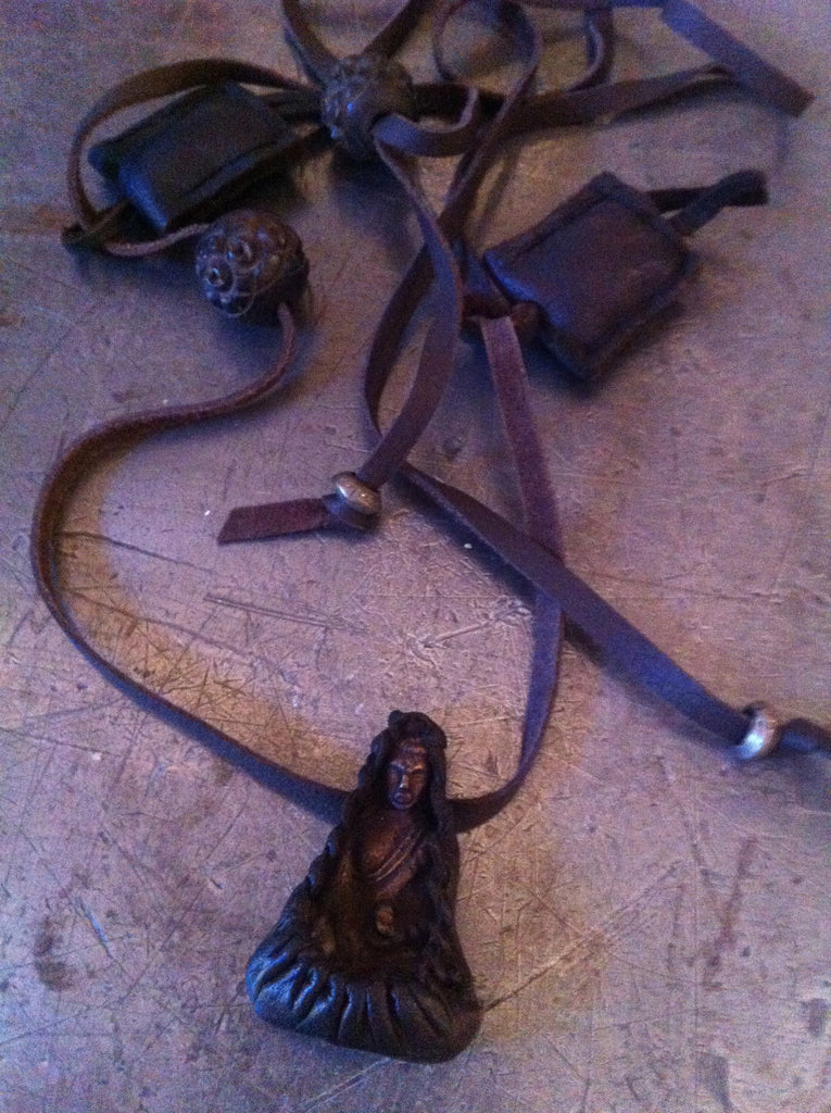 Vintage small leather encased medicine Buddha on old adjustable leather with herb bags & prayer bead necklace