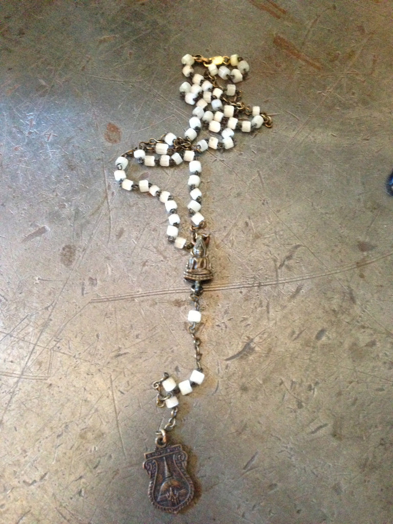 Vintage white milky Rosary beads with bronze Buddha center & bronze Buddah pendant necklace