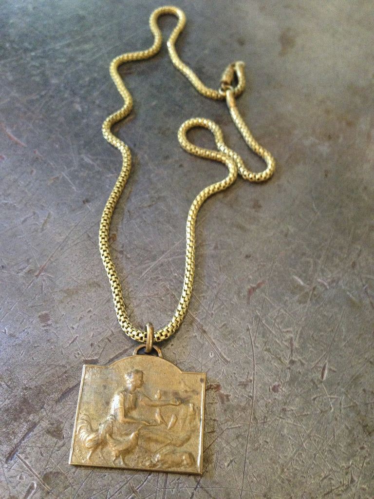 vintage brass French medal of Woman & birds on snake chain necklace