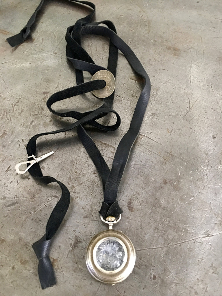 Vintage Silver Ladies Engraved Pocket Watch with Crystals on Leather Strap