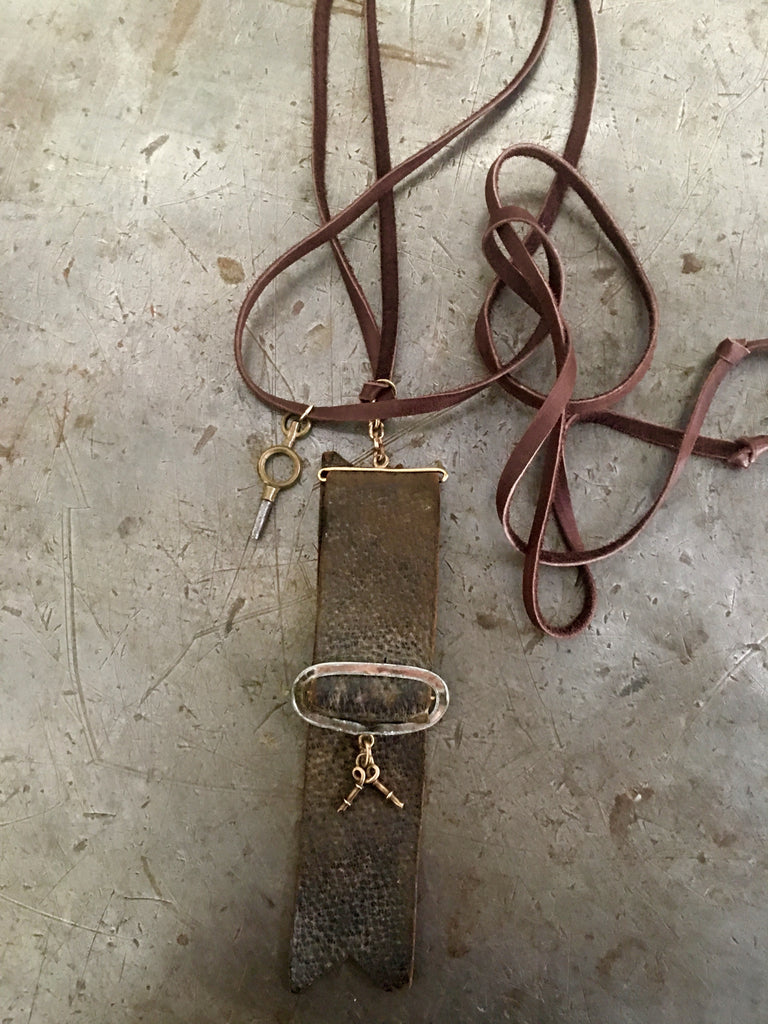 Vintage Leather Pocket Watch Fob with Vintage Brass Key Necklace