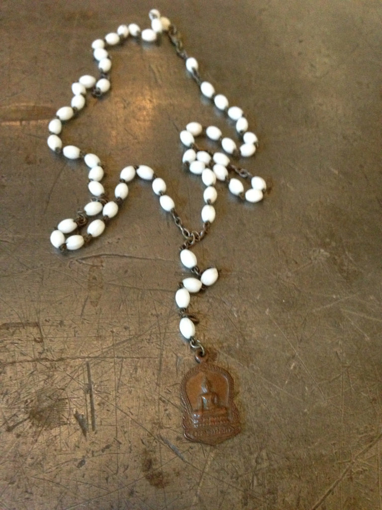 Vintag ebronze Buddah pendant on vintage white Rosary bead necklace
