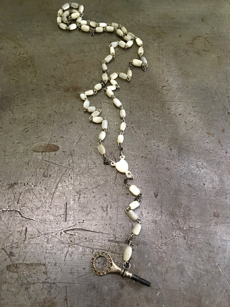 Vintage Mother of Pearl Rosary & Pocket Watch Key Necklace