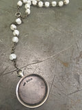 Vintage White RosaryBeads & Sterling Medal Fob Necklace