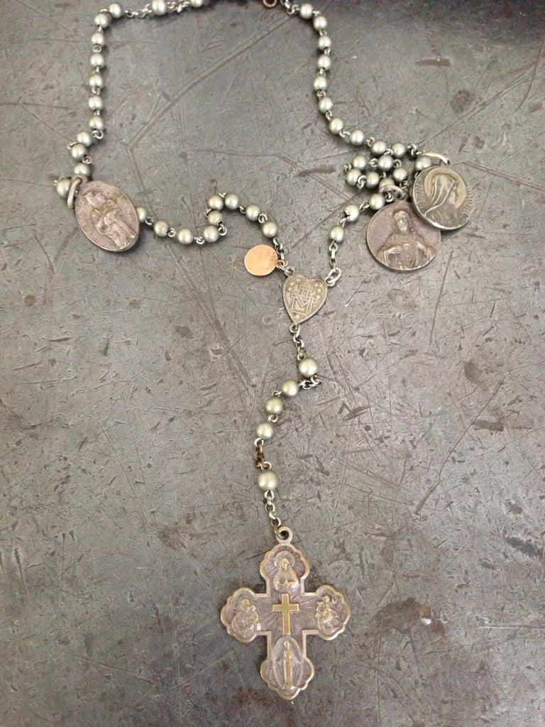 Vintage Mitary issue silver rosary necklace with vintage sterling religious medals