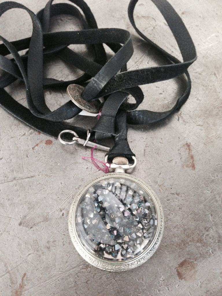 Vintage silver pocket watch necklace with iredescent blue Swarovski crystals on black adjustable leather with vintage pocket watch key