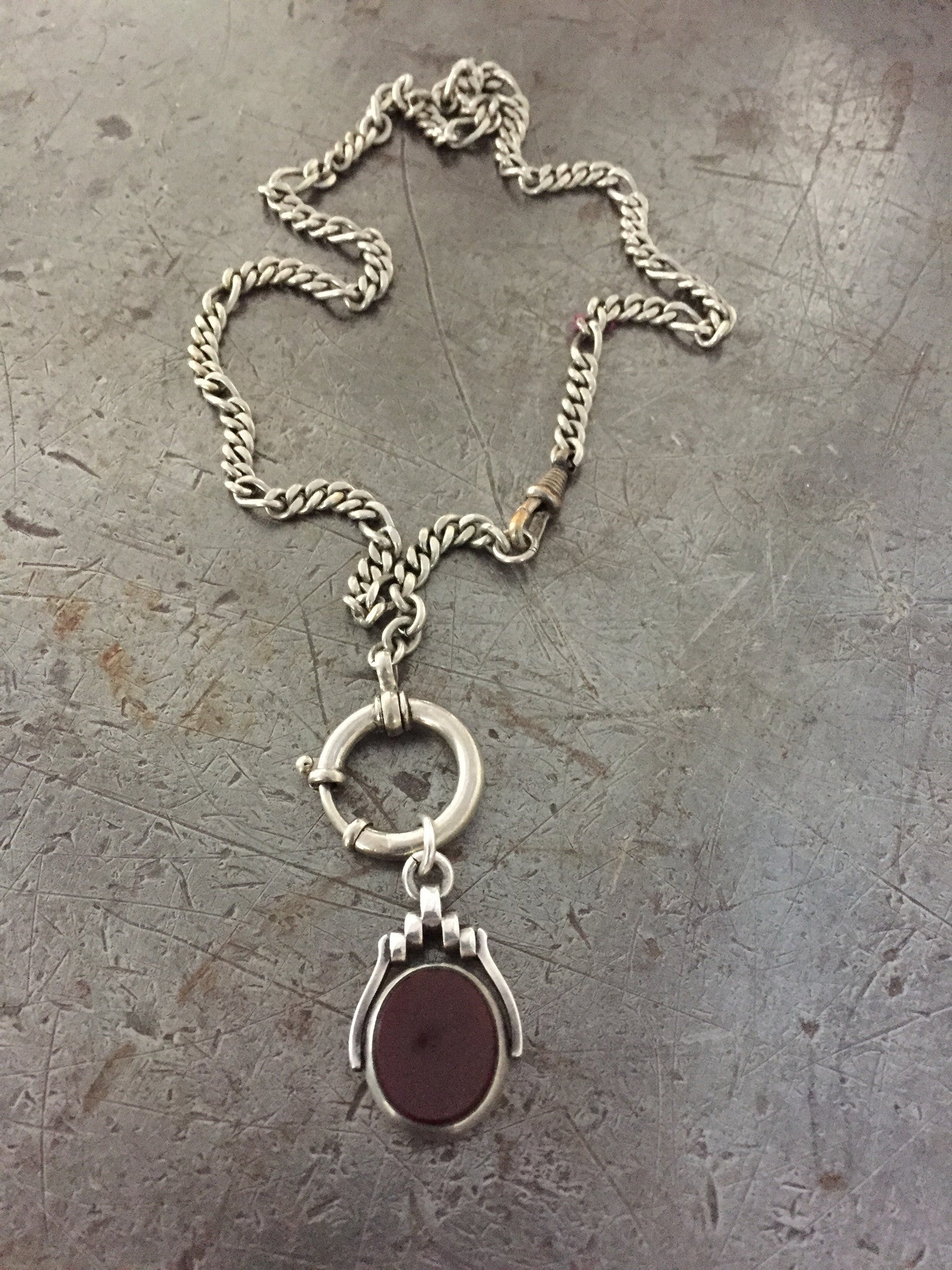 Vintage Sterling Bloodstone Carnelian Spinner Fob Necklace