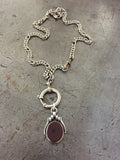 Vintage sterling double sided bloodstone & carnelain spinner fob on silver pocket watch chain necklace