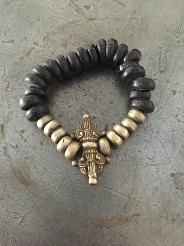 Vintage Mala Wood Prayer Beads & Tibetan Metal Dorje