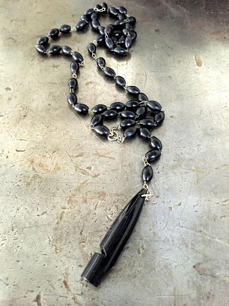 vintage dark brown rosary beads with vintage whistle necklace