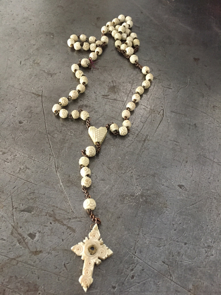 Vintage carved bone French Stanhope Rosary Necklace