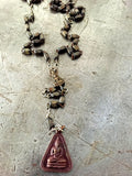 vintage brown wood Rosary beads with vintage bronze buddha pendant necklace