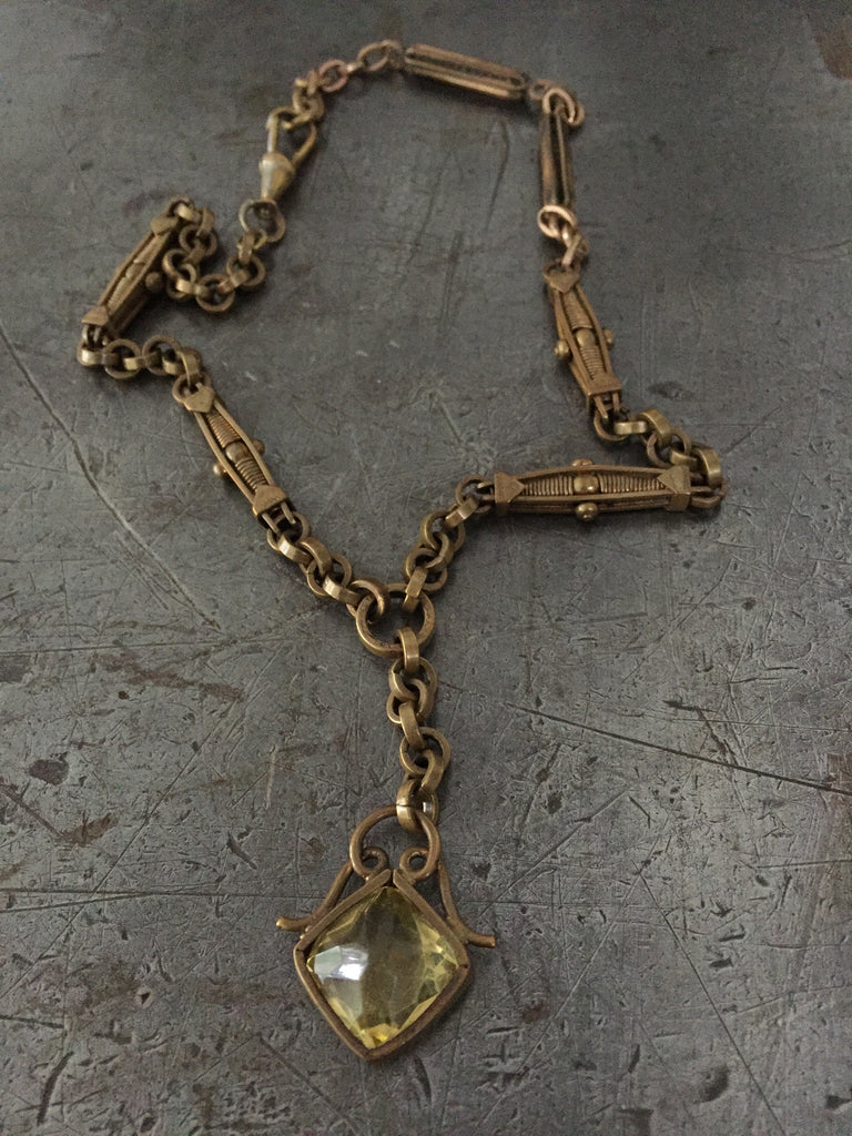 Vintage fancy link Victorian brass chain necklace with yellow cut stine fob