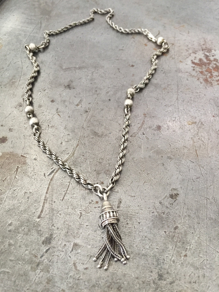 Vintage sterling Victorian tassel fob on vintage silver rope chain necklace