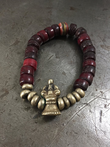 Vintage Deep Red Prayer Bead & Mala Bell Bracelet