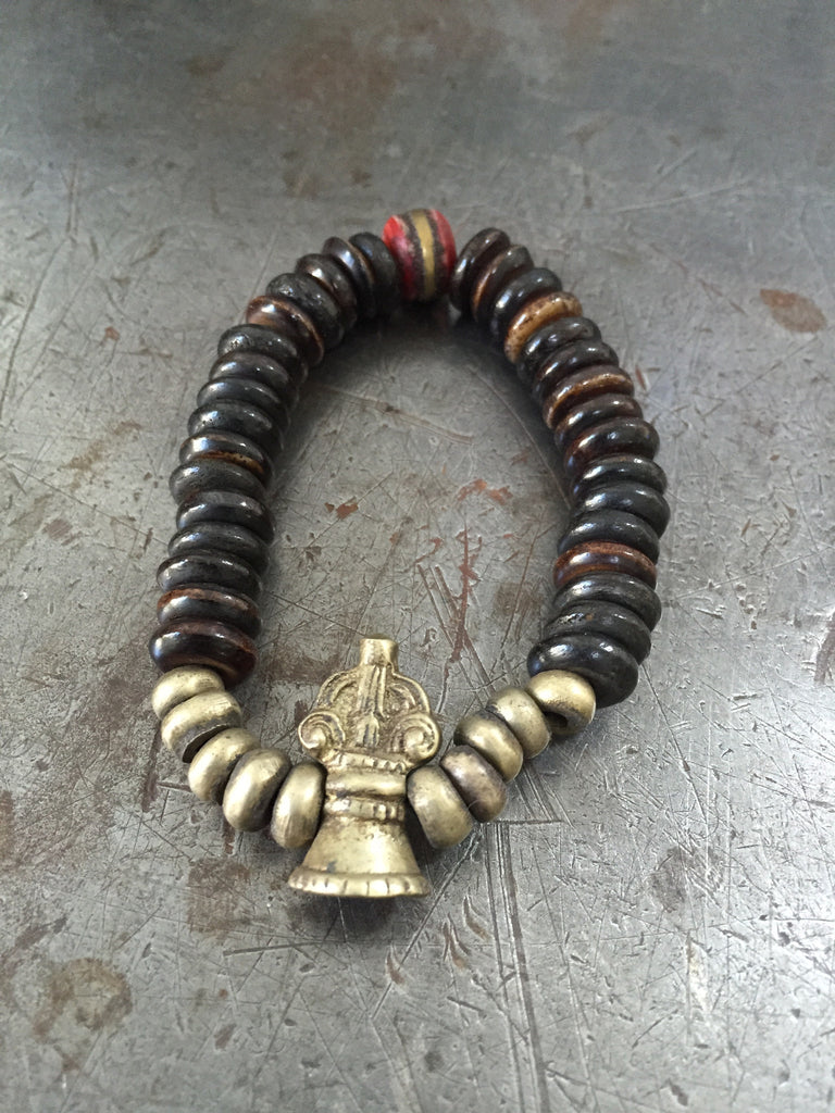 Vintage Mala Wood & Tibetan Brass Prayer Bead Bracelet