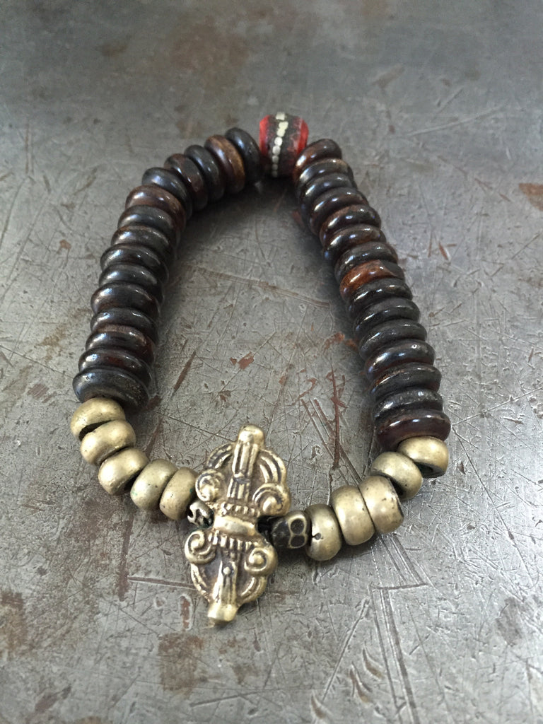 Vintage Brown Wood Prayer & Dorje Bead Bracelet