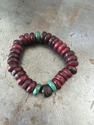 Vintage Dark Red Wood & Turquoise Mala Prayer Bead Bracelet