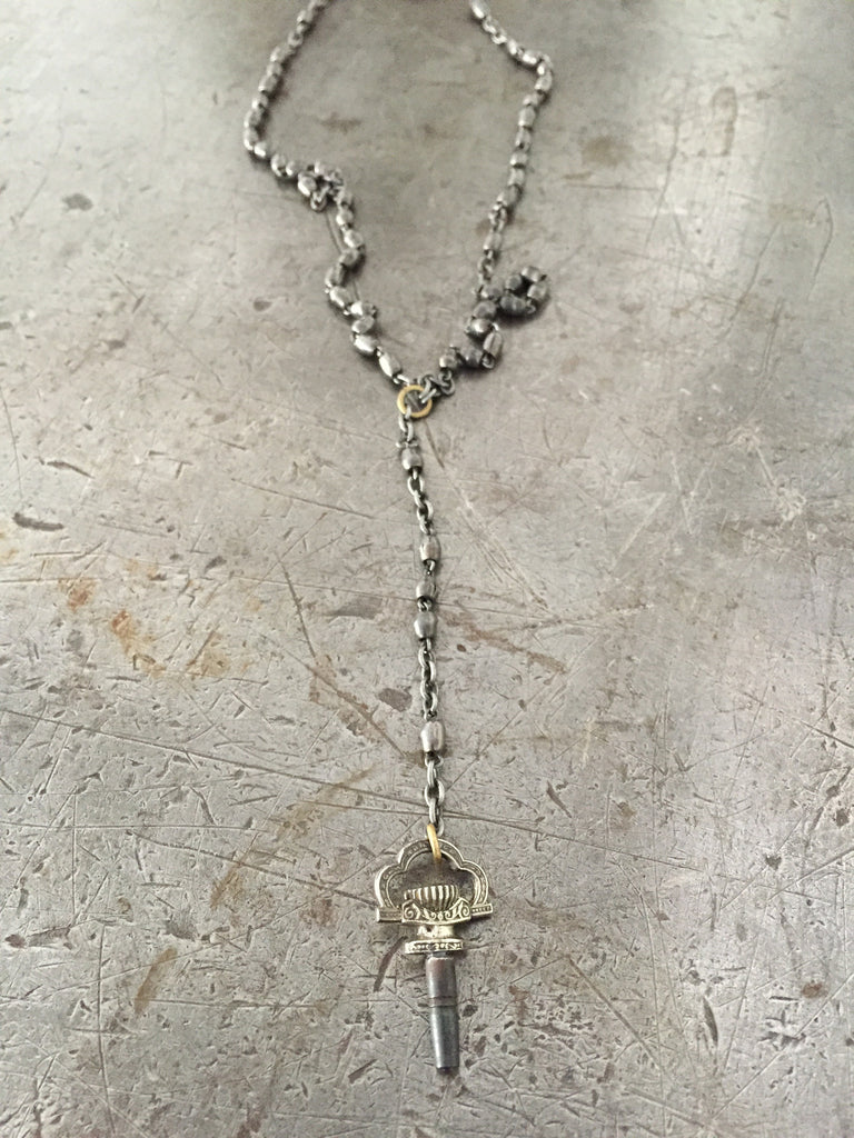Vintage Silver Decorative Pocket Watch Key on Vintage Military Rosary Necklace