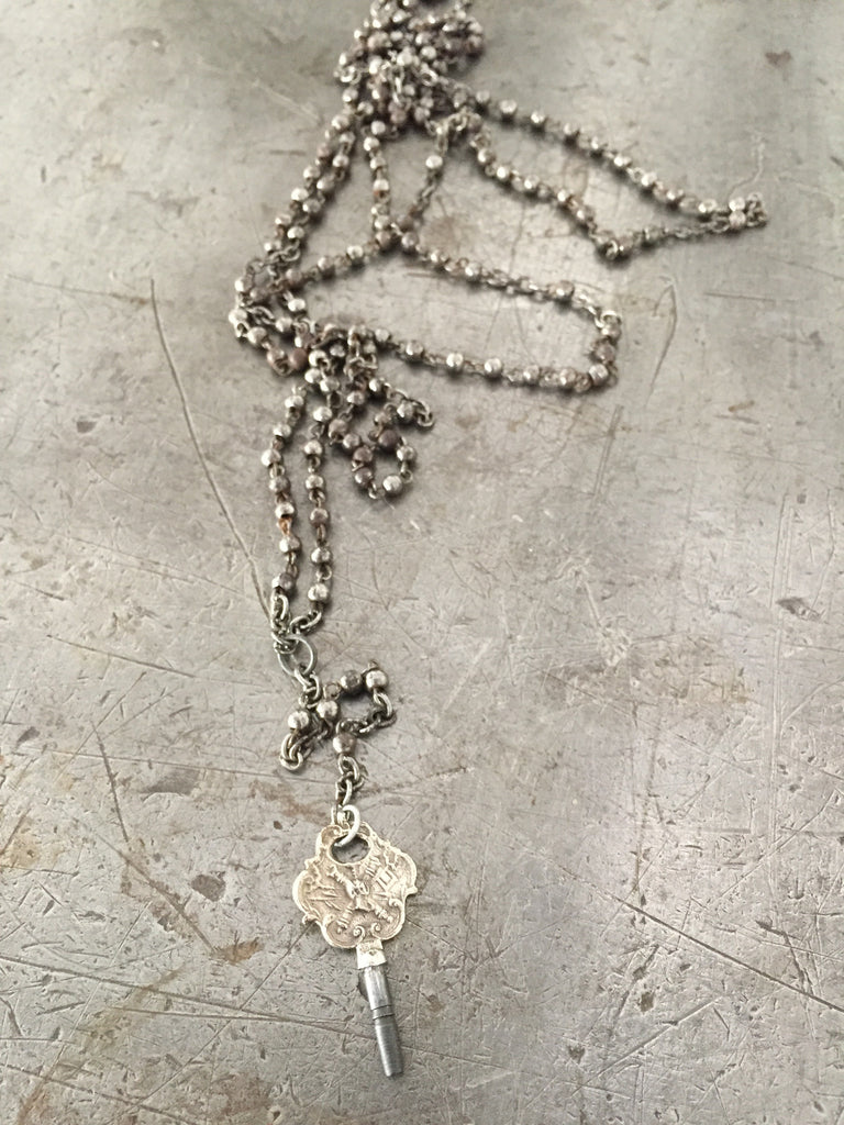 Vintage Silver Pocket Watch Key on Long Vintage Silver Bead Rosary Necklace