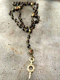 Vintage Ornate Gold Pocket Watch Key & Vintage Rosary Necklace