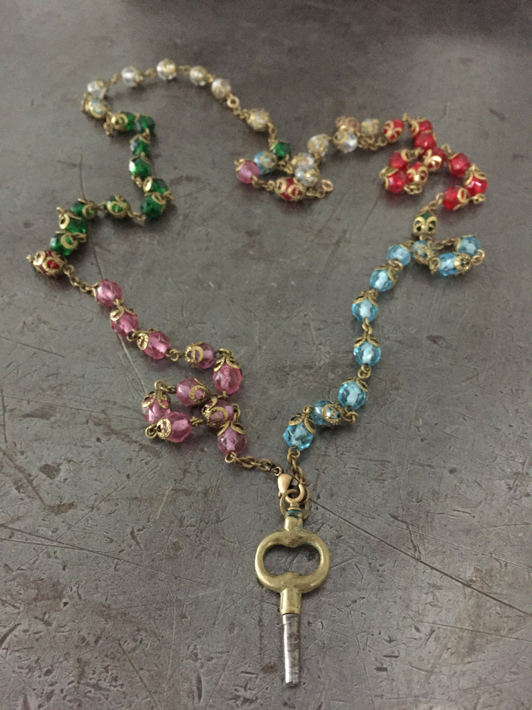 Vintage Key & Multi Color Rosary Bead Necklace