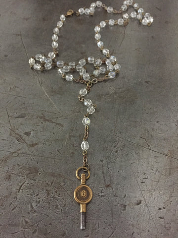 Vintage Crystal Rosary & #6 Pocket Watch Key Necklace
