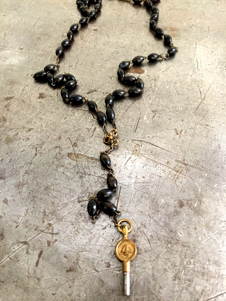 Vintage Gutta Percha Rosary Beads & #4 Pocket Watch Key Necklace