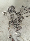 Vintage Long Tiny Wood Rosary Beads & Silver Fob Necklace