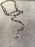 Vintage Long Tiny Wood Rosary Beads & Silver Fob Necklace